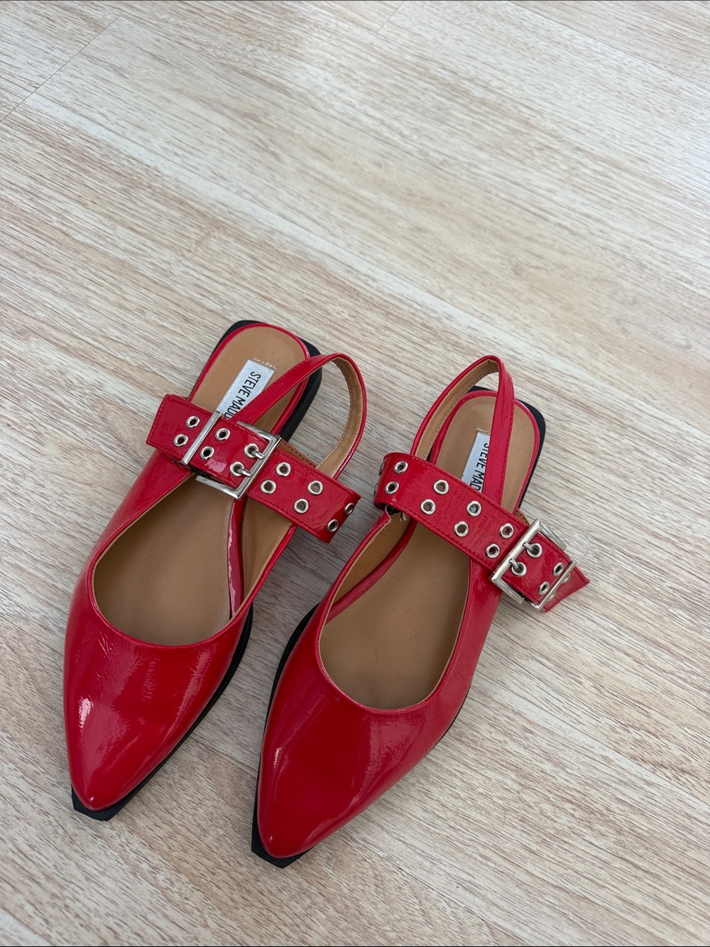 Steve Madden Red Patent Pointed Slingback Flats with Buckle Strap